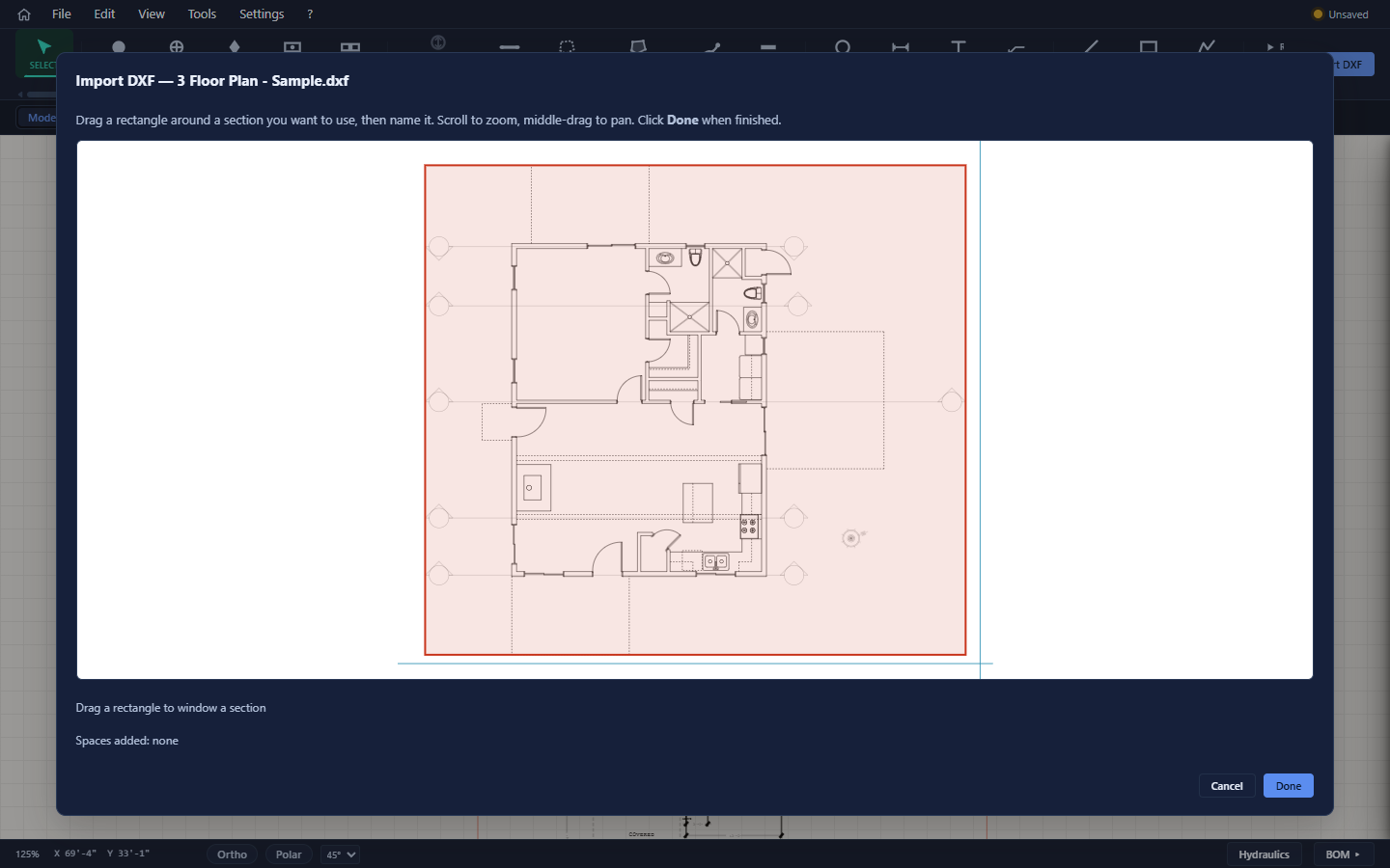 DXF import preview with repacked drawings.