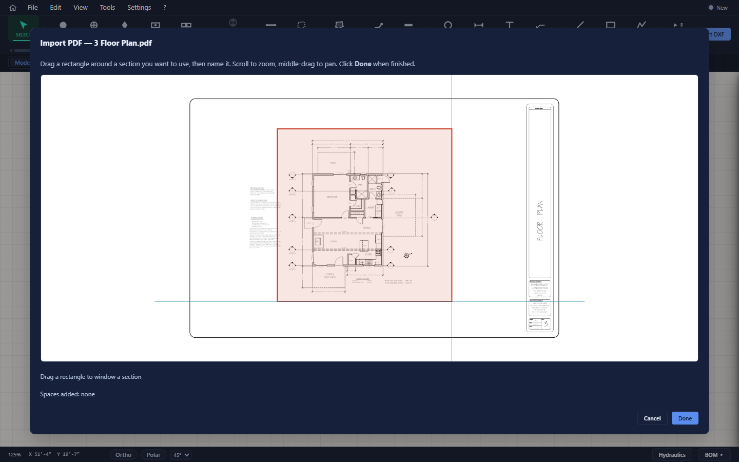 The import preview: drag a rectangle around the plan you want.