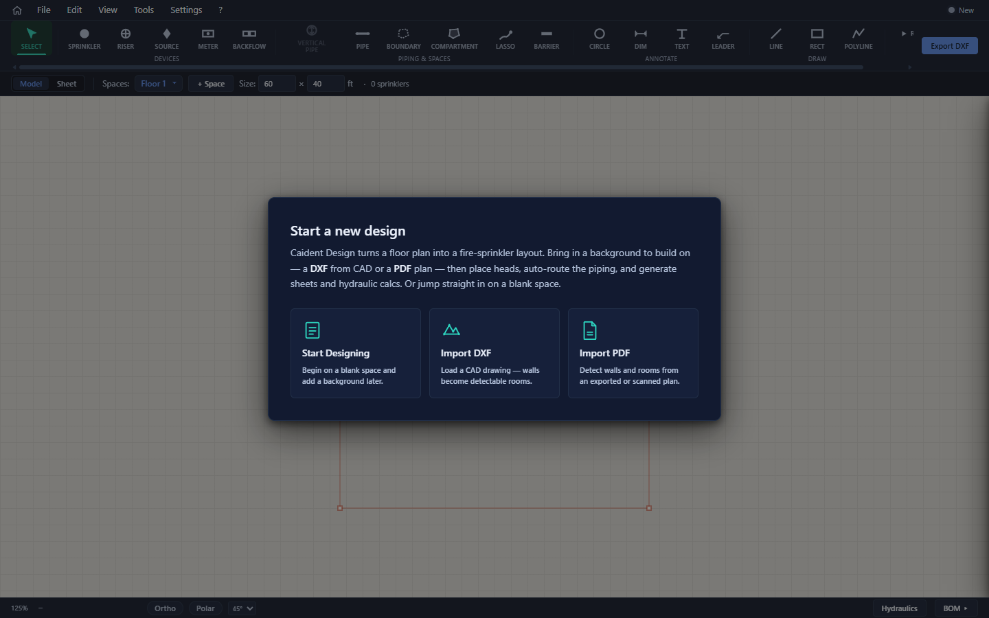 The Start a new design launcher.